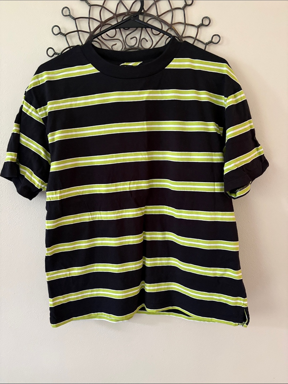 J. Crew Black oversized Tee with Lime Green Stripes